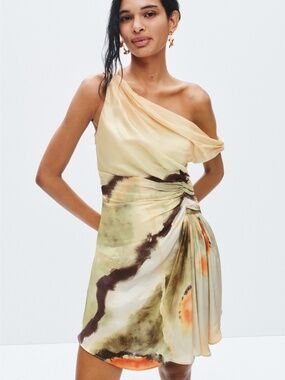 Amur Dress Elowen Mini Draped One-Shoulder in Butterfly Wing Cream Green 6